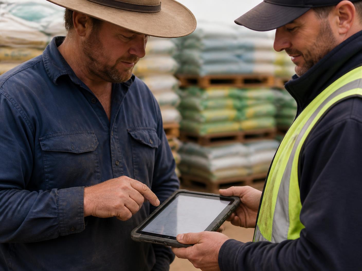 A farm receiver signing a delivery record on a rugged tablet held by a delivery driver, with pallets of rural supply bags behind them.