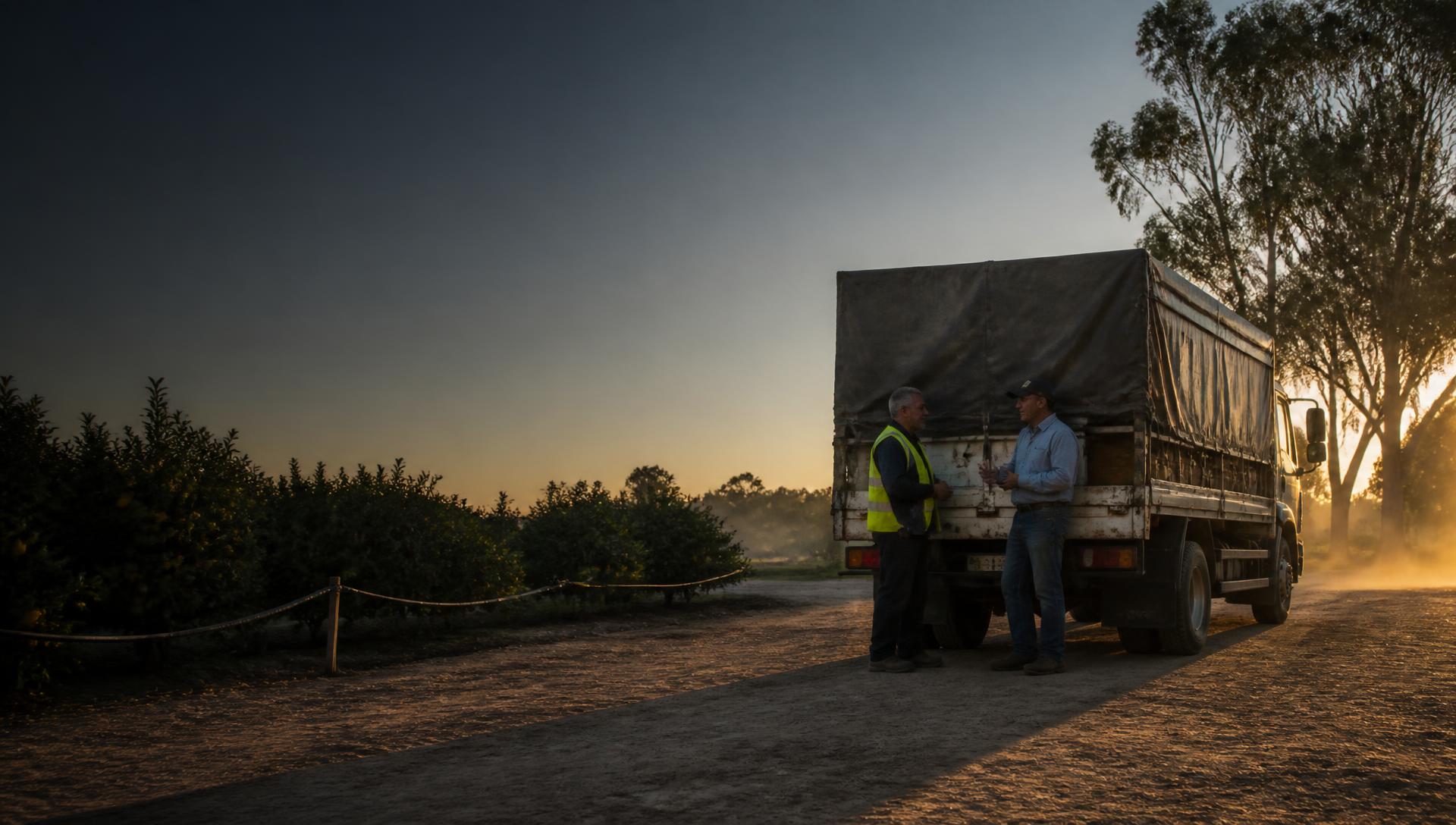 A covered delivery truck parked beside an Australian citrus orchard at sunrise, with a driver in a high-visibility vest talking to the farm receiver.