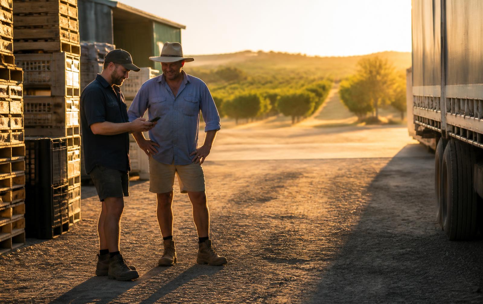 A driver and a farm receiver standing beside stacked produce bins at golden hour, checking a phone after a completed delivery.